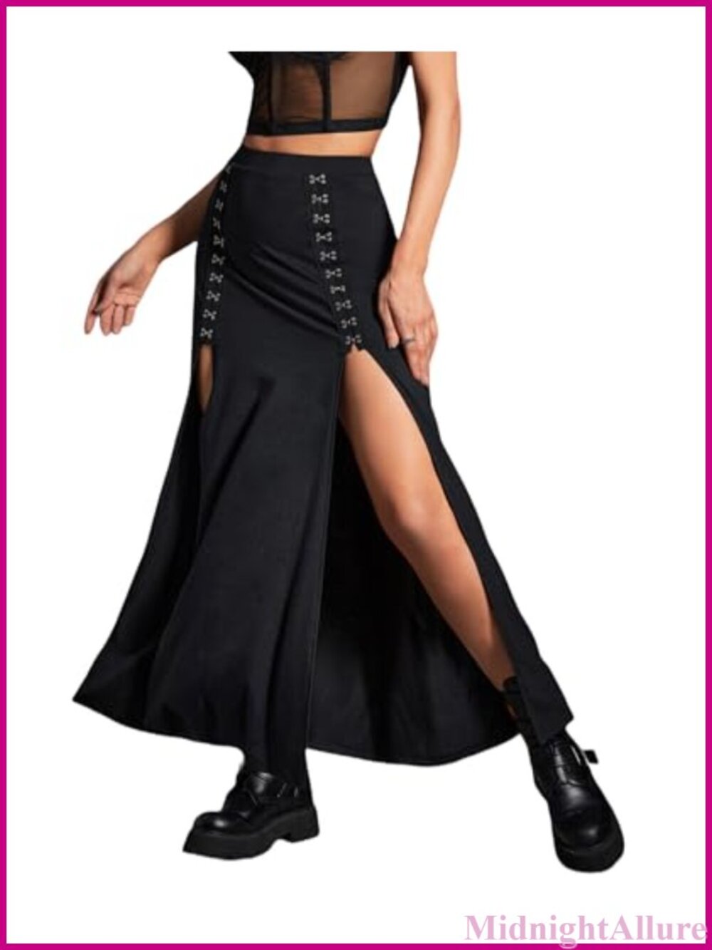 Women's High Waisted Maxi Skirt Double Slit Hookbuckle Rave Goth Long Skirt